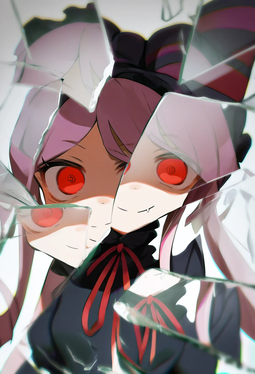 score_9, score_8_up, score_7_up, score_6_up, score_5_up, score_4_up, BREAK, source_cartoon, source_anime,
1girl, shalltear, long hair, ponytail, red eyes, bow, black dress, frilled dress, long sleeves, fang, (glowing eyes:0.5)
upper body, smile, looking at viewer, solo, incrsxlbrkngls, broken glass, reflection <lora:ShalltearXL:1> <lora:BreakingGlassXLPDCAME:1>