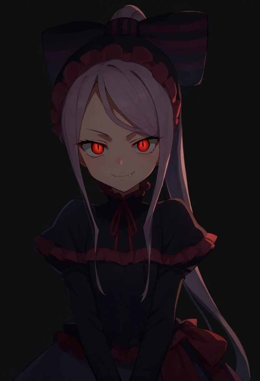 score_9, score_8_up, score_7_up, score_6_up, score_5_up, score_4_up, BREAK, source_anime,
1girl, shalltear, long hair, ponytail, red eyes, (glowing eyes:0.5), bow, black dress, frilled dress, long sleeves, fang,
upper body, evil smile, looking at viewer, solo, simple background, white background     <lora:ShalltearXL:1>