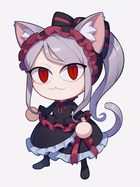 score_9, score_8_up, score_7_up, BREAK, 1girl, necoarc, cat ears, 
shalltear, 1girl, grey hair, long hair, ponytail, red eyes, frilled dress, black dress, bow, white frills, pale skin,
chibi, slit pupils, solo, full body, white background <lora:necoarc-guy-PONY-v1:1>     <lora:ShalltearXL:1>