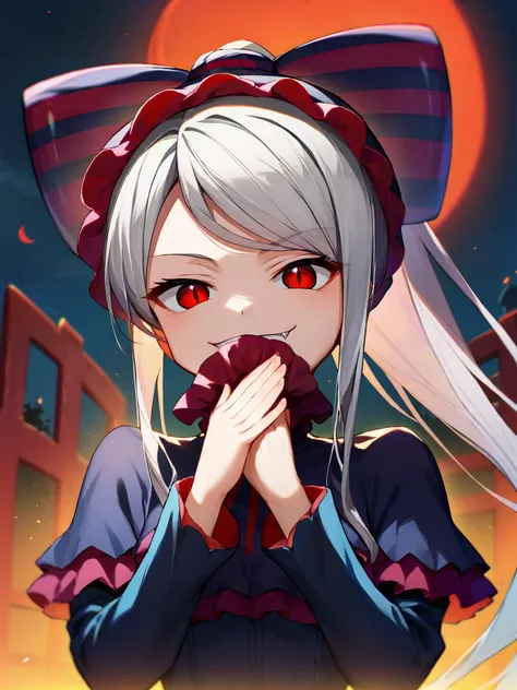 (score_9,score_8_up,score_7_up,:1.3) source_anime, BREAK, art by hikawa sayo,
shalltear, 1girl, grey hair, long hair, ponytail, red eyes, fang, vampire,
black frilled dress, long sleeve,
upper body, evil smile, covering mouth, looking at viewer, 
graveyard background, crescent moon, [refraction|caustics|rim lights|backlighting|bloom],
<lora:ShalltearXL:1>