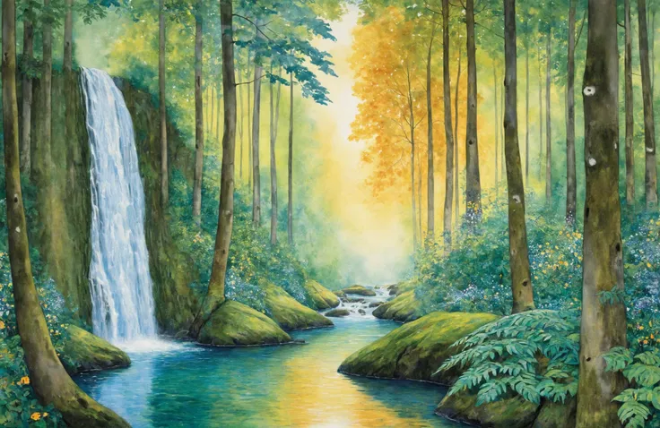 Watercolor style painting, Tranquil Relaxing Atmosphere,
Deep within the whispering embrace of an ancient woodland, a stream of crystalline clarity meanders through a grove of sentinel trees, their leaves a mosaic of vibrant greens and autumnal golds. The forest floor, a tapestry of soft moss and delicate ferns, invites wandering souls to tread lightly over its plush carpet. Sunbeams pierce the canopy in shafts of light, turning motes of dust into a gentle swirl of golden sparks.
At the heart of this arboreal haven, a waterfall cascades with a gentle hush, its waters painting the rocks with the essence of life. Flowers in hues of impossible vibrancy bloom along its banks, cradling droplets that reflect an entire universe within. The air here is alive with the symphony of nature: the melodic call of a distant bird, the susurrus of leaves in the gentlest breeze, and the ever-present lullaby of water speaking to stone.
This forest is a haven untouched, a realm where the boundary between the earthly and the ethereal blurs, where every element conspires to create a portrait of serene beauty, a sanctum of peace that whispers the oldest tales of the earth. <lora:Gustav_Klimt_XL_kk:0.8> klimt, calming style, soothing colors, peaceful, idealic, Tranquil Relaxing Atmosphere, visible paper texture, colorwash, watercolor