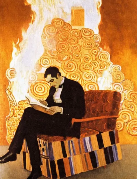 a man is on fire, sitting in a chair reading a book, <lora:Gustav_Klimt_XL_kk:1> klimt