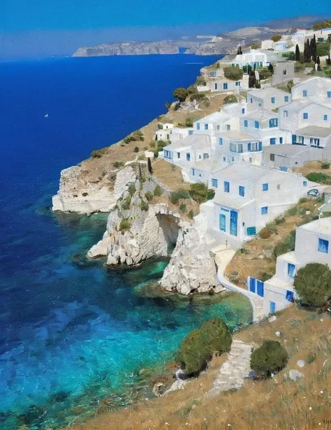 the greek coastline, cliffs lined with white houses, crystal clear blue sea <lora:Gustav_Klimt_XL_kk:1> klimt