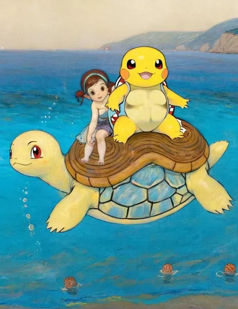 A beautiful monster，adolable，The upper body is a turtle，The lower body is a frog，Fantastical colors，natural，Take the Sea King Trident，Standing on the surface of the sea