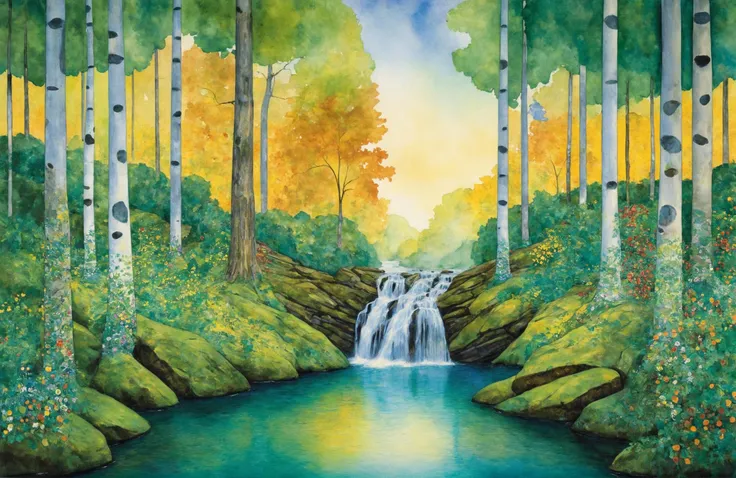 Watercolor style painting, Tranquil Relaxing Atmosphere,
Deep within the whispering embrace of an ancient woodland, a stream of crystalline clarity meanders through a grove of sentinel trees, their leaves a mosaic of vibrant greens and autumnal golds. The forest floor, a tapestry of soft moss and delicate ferns, invites wandering souls to tread lightly over its plush carpet. Sunbeams pierce the canopy in shafts of light, turning motes of dust into a gentle swirl of golden sparks.
At the heart of this arboreal haven, a waterfall cascades with a gentle hush, its waters painting the rocks with the essence of life. Flowers in hues of impossible vibrancy bloom along its banks, cradling droplets that reflect an entire universe within. The air here is alive with the symphony of nature: the melodic call of a distant bird, the susurrus of leaves in the gentlest breeze, and the ever-present lullaby of water speaking to stone.
This forest is a haven untouched, a realm where the boundary between the earthly and the ethereal blurs, where every element conspires to create a portrait of serene beauty, a sanctum of peace that whispers the oldest tales of the earth. <lora:Gustav_Klimt_XL_kk:0.8> klimt, calming style, soothing colors, peaceful, idealic, Tranquil Relaxing Atmosphere, visible paper texture, colorwash, watercolor