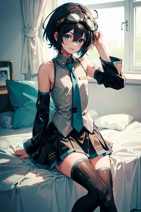 <lora:MikuOutfit-14:1> miku outfit, sleeveless shirt, grey shirt, detached sleeves, necktie, arm tattoo, skirt, thighhighs, thigh boots, (otoko no ko, black_hair, 1boy:1.35),, ultra detailed, masterpiece, best quality, aesthetic, detailed,, ultra detailed, masterpiece, best quality, solo, smile, 1boy, green eyes, short hair, black hair, bangs, hair between eyes, messy hair, (goggles on head:1.2),