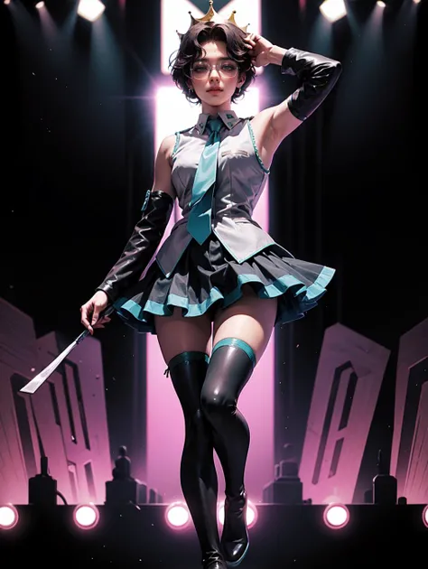 <lora:revgirlutena_himemiya-10:0.8> himemiya anthy, dark skin, dark-skinned female, short hair, crown, glasses, aiguillette, <lora:MikuOutfit-14:0.8> miku outfit, sleeveless shirt, grey shirt, detached sleeves, necktie, arm tattoo, skirt, thighhighs, thigh boots,
on futuristic concert,