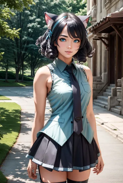 miku outfit,sleeveless shirt, grey shirt, detached sleeves, necktie, arm tattoo, skirt, thighhighs, thigh boots,<lora:Ðдежда коÑплей коÑÑÑм ХаÑÑÐ½Ñ ÐÐ¸ÐºÑ (miku outfit,sleeveless shirt, grey shirt, detached sleeves, necktie, arm tattoo, skirt, thighhighs, thigh boots,):0.8>, <lora:ÐоÑка-девоÑка из Ñок ÑоÑ(cyan, animal ears, cat ears,tail,blue eyes,black hair,curly hair):0.7>,cyan, animal ears, cat ears,tail,blue eyes,black hair,curly hair, 1girl in full growth, best quality, masterpiece, ultra-detailed, high quality, perfect nose, highly detailed skin, warm skin tone, defiance512, RAW photo, best quality, high resolution, (masterpiece), dreamlike, dreamy, modelshoot style, analog style, tonemapping, photorealistic, professional photography, sharp focus, HDR, 8K resolution, intricate detail, sophisticated detail, hyper detailed, (depth of field), highlight and shadow, volumetric lighting, cinematic bloom, professional light, looking at viewer, blotchy,