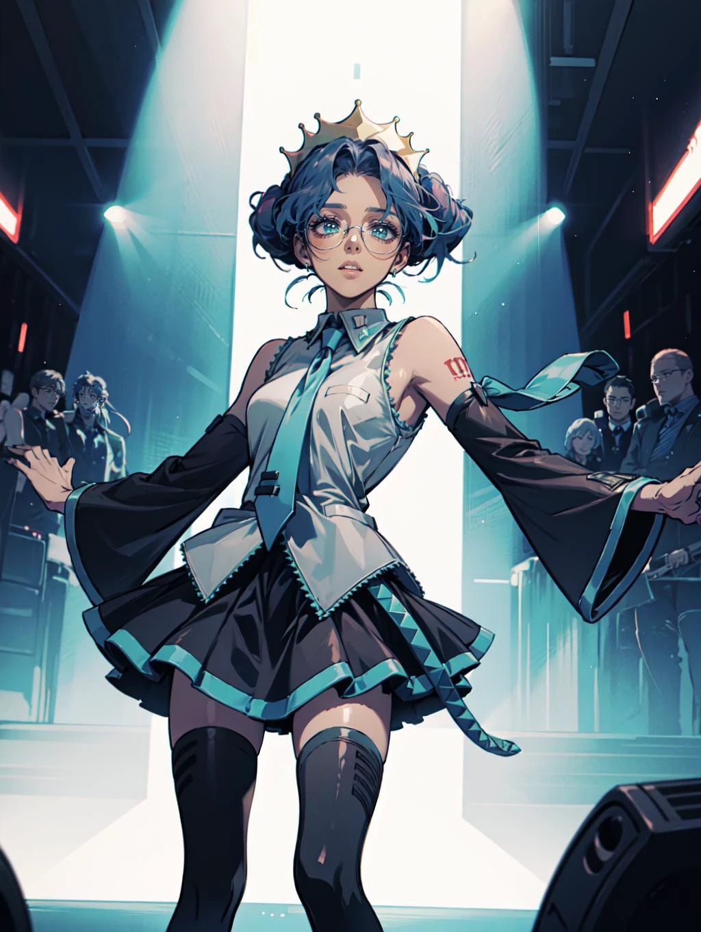 <lora:revgirlutena_himemiya-10:0.8> himemiya anthy, dark skin, dark-skinned female, short hair, crown, glasses, aiguillette, <lora:MikuOutfit-14:0.8> miku outfit, sleeveless shirt, grey shirt, detached sleeves, necktie, arm tattoo, skirt, thighhighs, thigh boots,
on futuristic concert,