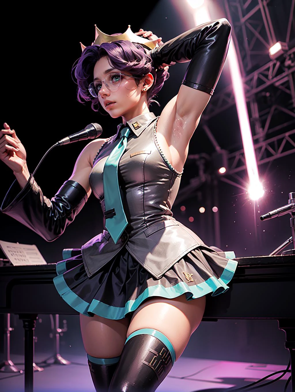<lora:revgirlutena_himemiya-10:0.8> himemiya anthy, dark skin, dark-skinned female, short hair, crown, glasses, aiguillette, <lora:MikuOutfit-14:0.8> miku outfit, sleeveless shirt, grey shirt, detached sleeves, necktie, arm tattoo, skirt, thighhighs, thigh boots,
on futuristic concert,