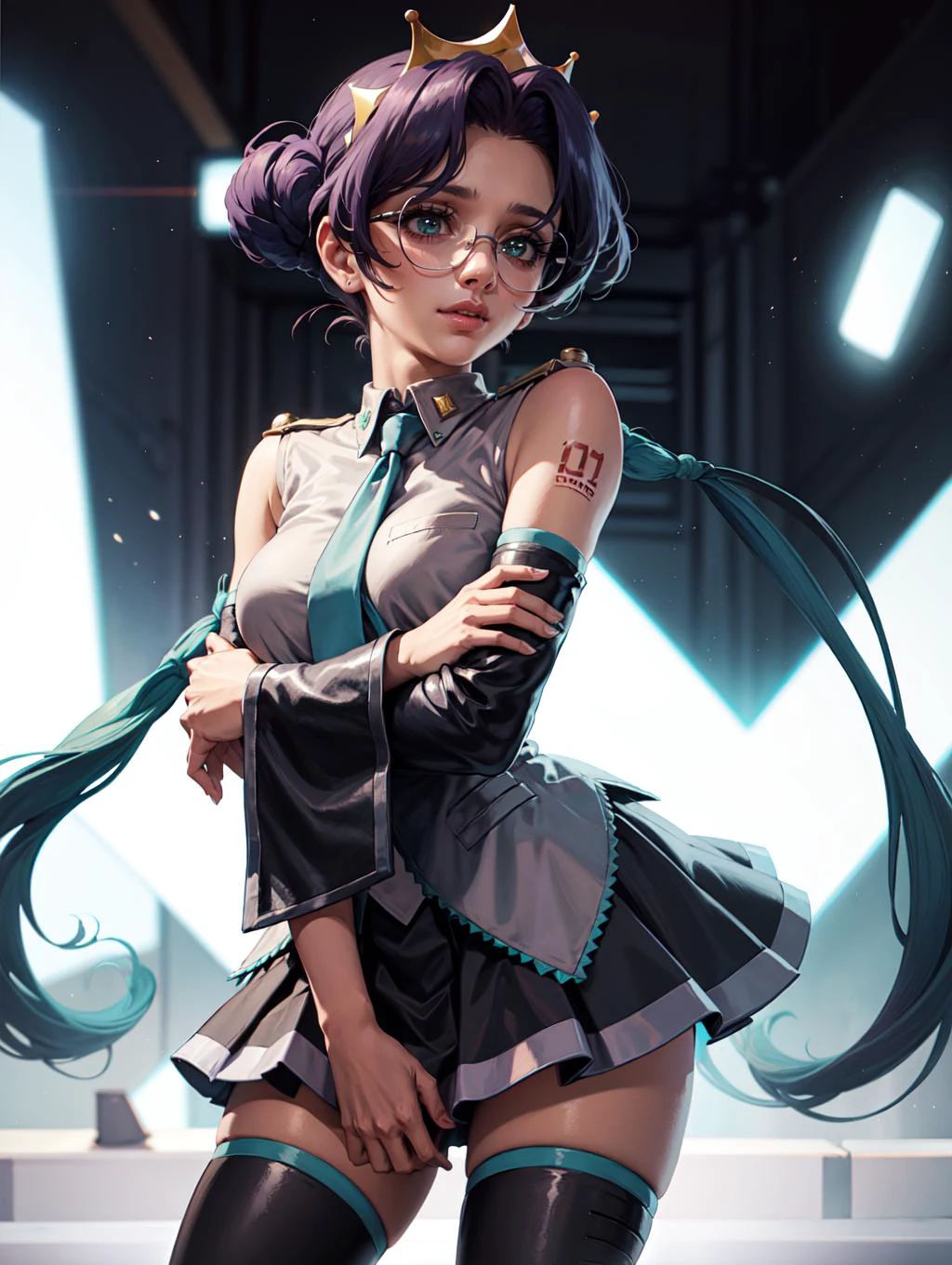 <lora:revgirlutena_himemiya-10:0.8> himemiya anthy, dark skin, dark-skinned female, short hair, crown, glasses, aiguillette, <lora:MikuOutfit-14:0.8> miku outfit, sleeveless shirt, grey shirt, detached sleeves, necktie, arm tattoo, skirt, thighhighs, thigh boots,
on futuristic concert,