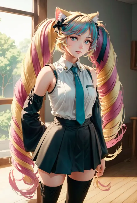 miku outfit,sleeveless shirt, grey shirt, detached sleeves, necktie, arm tattoo, skirt, thighhighs, thigh boots,<lora:Ðдежда коÑплей коÑÑÑм ХаÑÑÐ½Ñ ÐÐ¸ÐºÑ (miku outfit,sleeveless shirt, grey shirt, detached sleeves, necktie, arm tattoo, skirt, thighhighs, thigh boots,):0.8>, <lora:ÐоÑка-девоÑка из Ñок ÑоÑ(Himeko, very long hair, red eyes, hair bow, twin_drills, twintails, long hair,cat ears, yellow cat ears,):0.7>,Himeko, very long hair, red eyes, hair bow, twin_drills, twintails, long hair,cat ears, yellow cat ears, (((masterpiece))), (((best quality))), (((illustration))), (((finely detail))), ((extremely detailed cg unity 8k wallpaper, highres)), (beautiful detailed face and eyes and hair:1.1), (an extremely delicate and beautiful girl:1.2), ultra-detailed, ultra high res, high quality, 4K, extreamly delicate and beautiful, full_body, standing, in full growth, hourglass waist