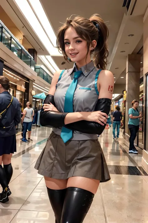 <lora:ECH:.8>, brown eyes, brown hair, ponytail, miku outfit, sleeveless shirt, grey shirt, detached sleeves, blue necktie, arm tattoo, black skirt, thighhighs, thigh boots, looking at viewer, serious, smiling, standing, arms crossed, inside, mall, store, crowd, bright lighting, high quality, masterpiece,  <lora:MikuOutfit:.8>