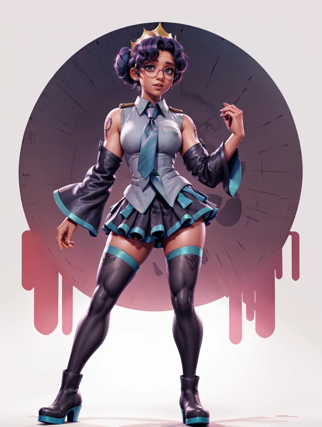 <lora:revgirlutena_himemiya-10:0.8> himemiya anthy, dark skin, dark-skinned female, short hair, crown, glasses, aiguillette, <lora:MikuOutfit-14:0.8> miku outfit, sleeveless shirt, grey shirt, detached sleeves, necktie, arm tattoo, skirt, thighhighs, thigh boots,
on futuristic concert,