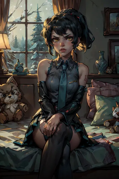 owmaker, yellow eyes, pale skin, black hair, ponytail, miku outfit, sleeveless shirt, grey shirt, detached sleeves, blue necktie, arm tattoo, black skirt, thighhighs, looking at viewer, serious, angry, blush,
sitting, on bed, legs crossed, arms crossed, cozy bedroom, window, snowing, high quality, masterpiece, <lora:MikuOutfit:.8> <lora:owmakerv5-7-r1-4:.6>