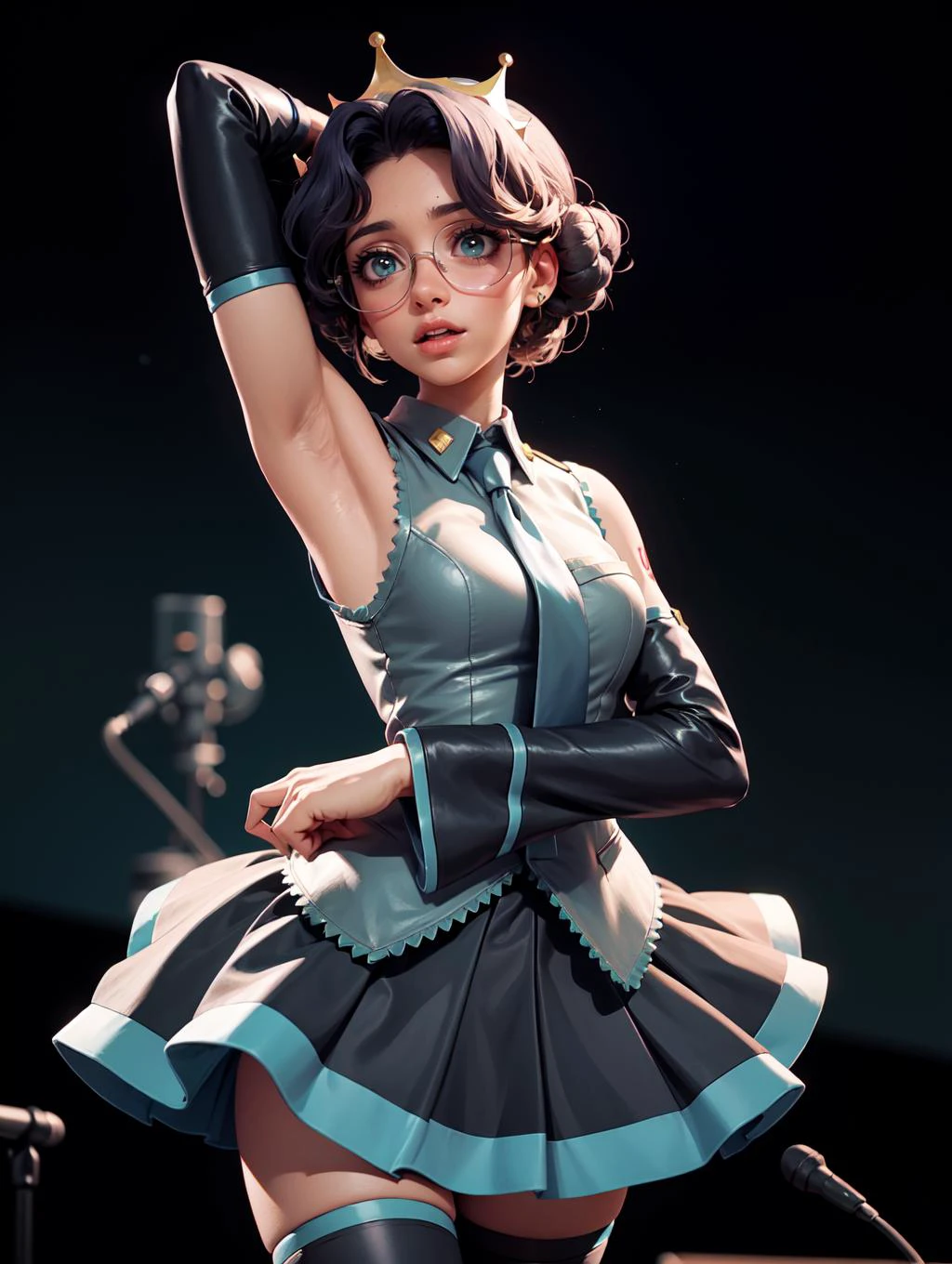 <lora:revgirlutena_himemiya-10:0.8> himemiya anthy, dark skin, dark-skinned female, short hair, crown, glasses, aiguillette, <lora:MikuOutfit-14:0.8> miku outfit, sleeveless shirt, grey shirt, detached sleeves, necktie, arm tattoo, skirt, thighhighs, thigh boots,
on futuristic concert,