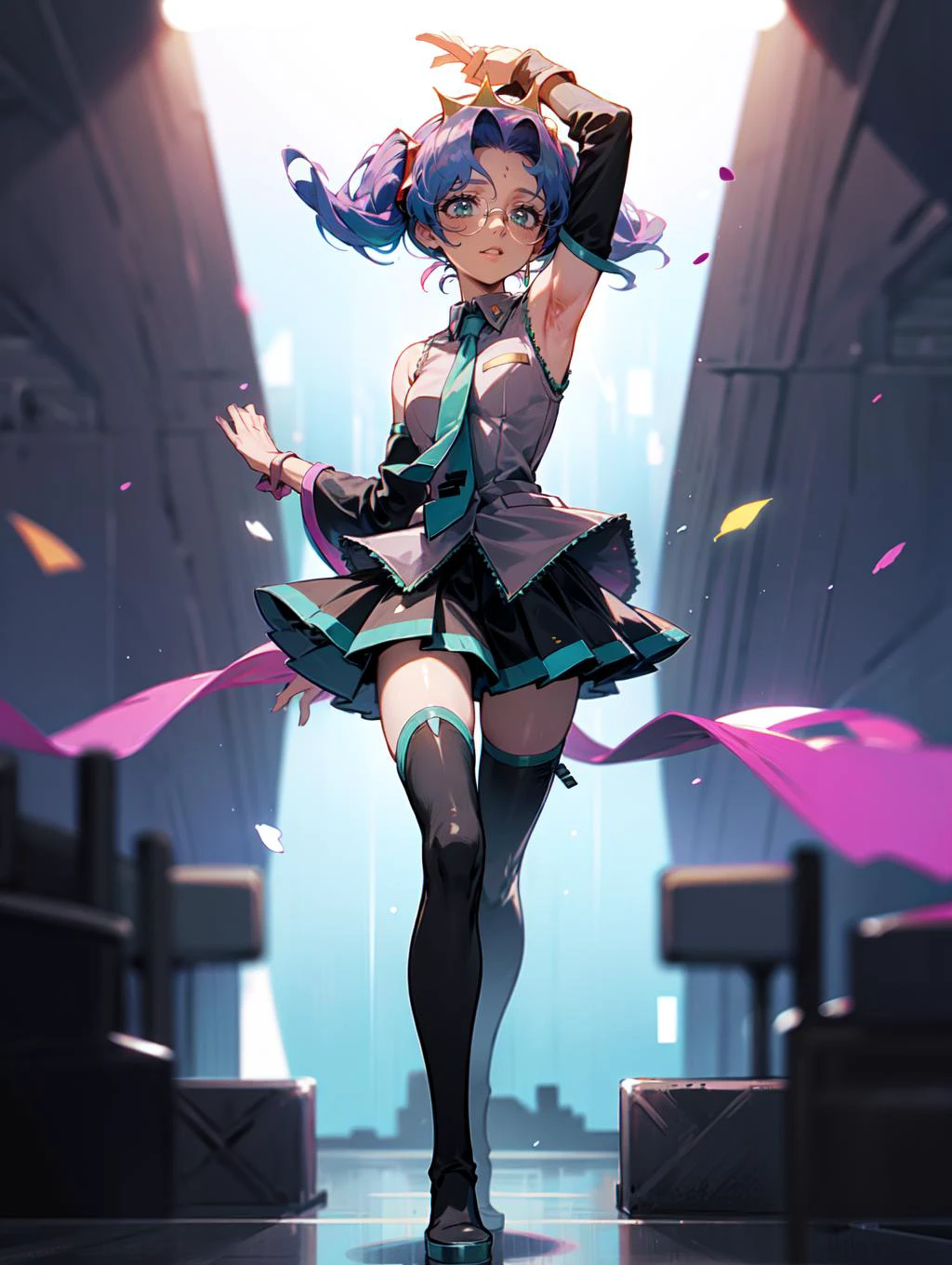 <lora:revgirlutena_himemiya-10:0.8> himemiya anthy, dark skin, dark-skinned female, short hair, crown, glasses, aiguillette, <lora:MikuOutfit-14:0.8> miku outfit, sleeveless shirt, grey shirt, detached sleeves, necktie, arm tattoo, skirt, thighhighs, thigh boots,
on futuristic concert,