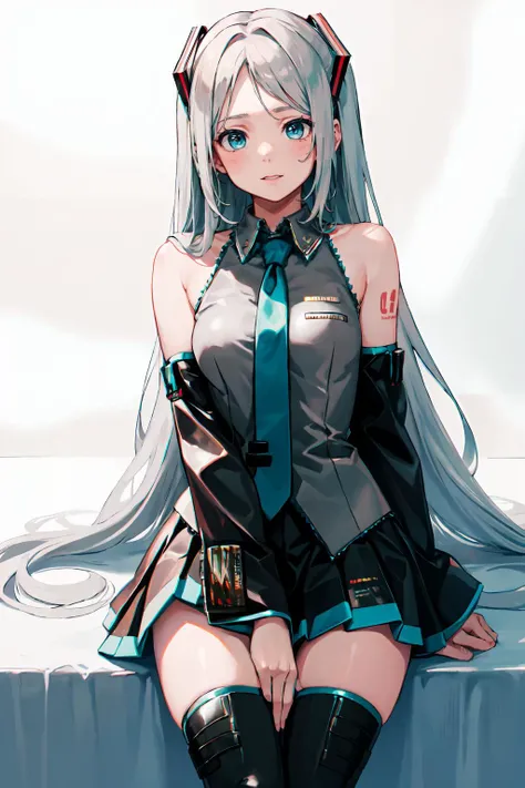 <lora:MikuOutfit-14:1> miku outfit, sleeveless shirt, grey shirt, detached sleeves, necktie, arm tattoo, skirt, thighhighs, thigh boots,, ultra detailed, masterpiece, best quality, aesthetic, detailed,, serious, 1girl, (white eyes:1.1), (grey eyes:1.3), (white hair:1.3), very long hair, parted hair, parted bangs, <lora:parted_hair_v1.3:1.35>, medium breasts,