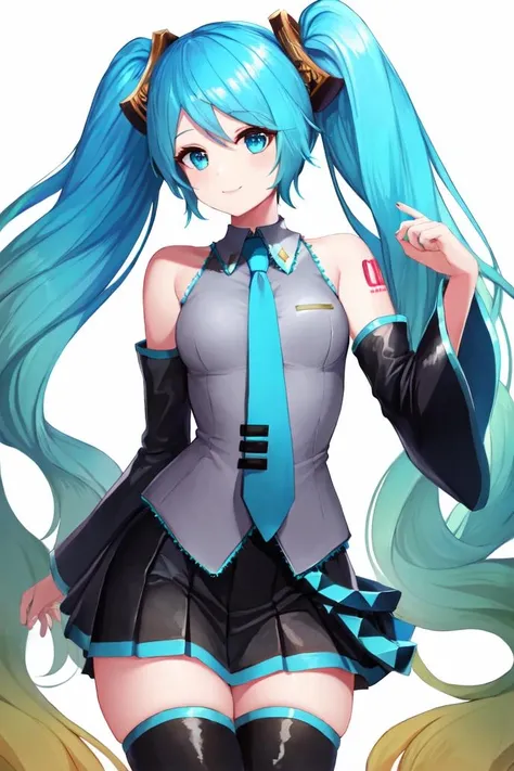 masterpiece, best quality, <lora:SonaV1:1>, sona \(league of legends\), blue hair, blue eyes, gradient hair, twintails, hair ornament, <lora:MikuOutfit-14:0.7>, miku outfit, sleeveless shirt, grey shirt, detached sleeves, necktie, arm tattoo, skirt, thighhighs, thigh boots,