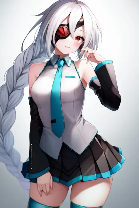 masterpiece, best quality, <lora:Nu13RE-14:1>, nu-13, white hair, eyepatch, red eyes, single braid, <lora:MikuOutfit-14:0.7>, miku outfit, sleeveless shirt, grey shirt, detached sleeves, necktie, arm tattoo, skirt, thighhighs, thigh boots,