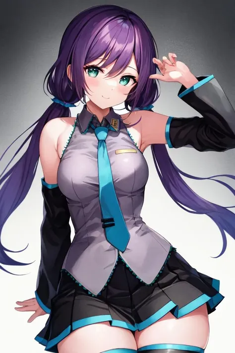 masterpiece, best quality, toujou nozomi, purple hair, green eyes, low twintails, <lora:MikuOutfit-14:0.7>, miku outfit, sleeveless shirt, grey shirt, detached sleeves, necktie, arm tattoo, skirt, thighhighs, thigh boots, curvy