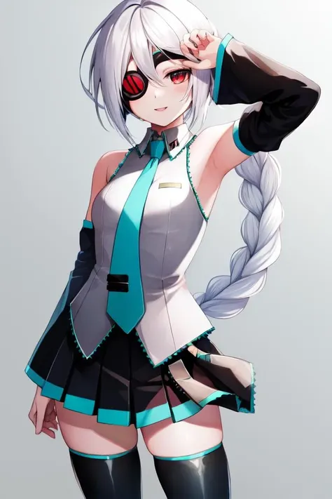 masterpiece, best quality, <lora:Nu13RE-14:0.8>, nu-13, white hair, eyepatch, red eyes, single braid, <lora:MikuOutfit-14:0.7>, miku outfit, sleeveless shirt, grey shirt, detached sleeves, necktie, arm tattoo, skirt, thighhighs, thigh boots,