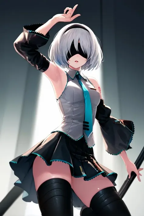 masterpiece, best quality, 1girl, bob cut, white hair, yorha no. 2 type b, blindfold, headband, <lora:MikuOutfit-14:0.7>, miku outfit, sleeveless shirt, grey shirt, detached sleeves, necktie, arm tattoo, skirt, thighhighs, thigh boots