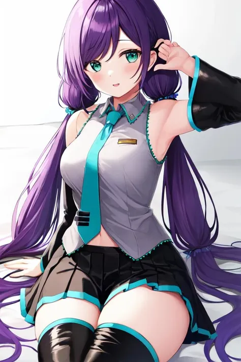 masterpiece, best quality, toujou nozomi, purple hair, green eyes, low twintails, <lora:MikuOutfit-14:0.7>, miku outfit, sleeveless shirt, grey shirt, detached sleeves, necktie, arm tattoo, skirt, thighhighs, thigh boots, curvy