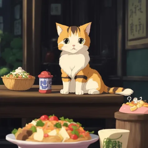 A cute cat on top a table with food,  StdGBRedmAF, Studio Ghibli
,<lora:StdGBRedmAF15Config4WithTE:1>