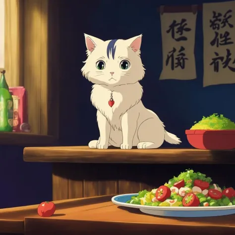 A cute cat on top a table with food, StdGBRedmAF, Studio Ghibli
,<lora:StdGBRedmAF15Config4WithTE:1>