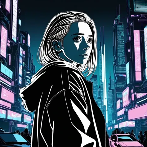 (2D lineart 90s Anime style) illustrattion of a woman looking at the viewer in a cyberpunk dystopian city,2D, <lora:eliolsen2_xl_3_standard_merger_36_41_72_03_03_04:1>
