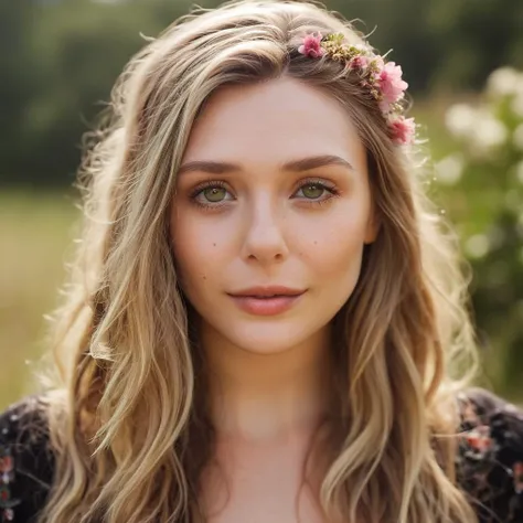 Skin texture, no makeup, Super high res closeup portrait photo of an pretty woman outdoors with long slightly wavy blonde hair, decorative flowers in her hair,f /2.8, Canon, 85mm,cinematic, high quality,looking at the viewer, <lora:eliolsen_v4_xl_4_standard_wo_cap_merger_31_45_86_03_03_04:1>