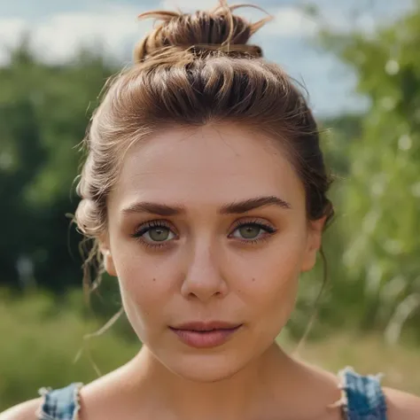 Skin texture, no makeup, Super high res closeup portrait photo of a woman outdoors with her hair in one messy bun,summer vibes,f /2.8, Canon, 85mm,cinematic, high quality,looking at the viewer, <lora:eliolsen_v4_xl_4_standard_wo_cap_merger_31_45_86_03_03_04:1>