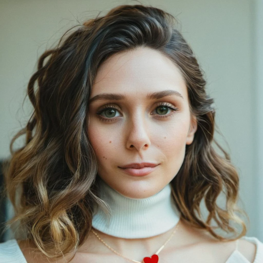 Looking straight at the camera, Film grain, skin texture, Instagram closeup selfie of a woman with beautiful wavy hair wearing a heart necklace,f/1.8,wearing a tutleneck shirt, <lora:eliolsen_v4_xl_4_standard_wo_cap_merger_31_45_86_03_03_04:1>