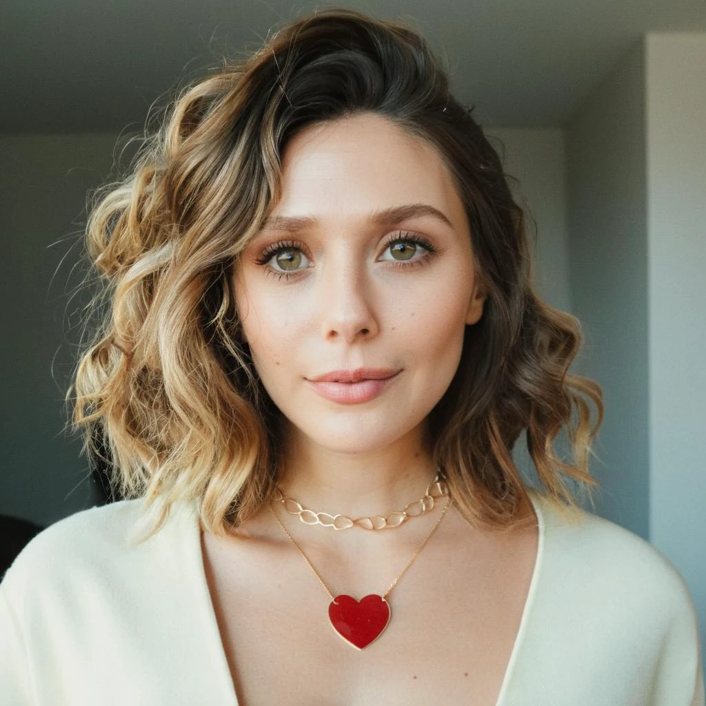 Looking straight at the camera, Film grain, skin texture, Instagram closeup selfie of a woman with beautiful wavy hair wearing a heart necklace,f/1.8,wearing a tutleneck shirt, < <lora:eliolsen_v4_xl_4_standard_wo_cap_merger_31_45_86_03_03_04:1>