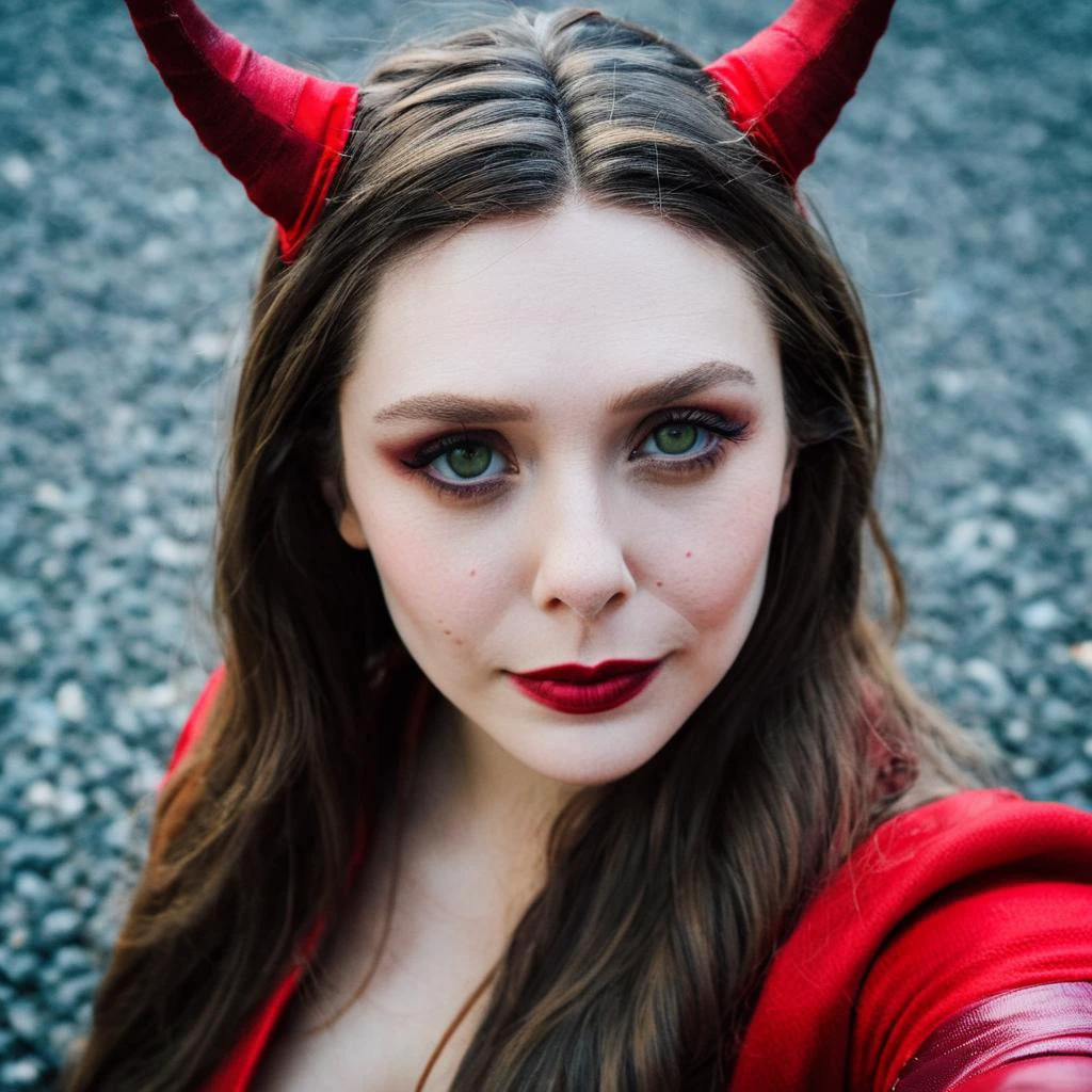 Looking straight at the camera, Film grain, skin texture, Instagram closeup selfie of a woman dressed as the Scarlet Witch, cosplay, <lora:eliolsen_v4_xl_4_standard_wo_cap_merger_31_45_86_03_03_04:1>