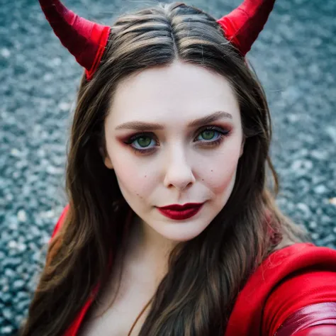 Looking straight at the camera, Film grain, skin texture, Instagram closeup selfie of a woman dressed as the Scarlet Witch, cosplay,    <lora:eliolsen_v4_xl_4_standard_wo_cap_merger_31_45_86_03_03_04:1>