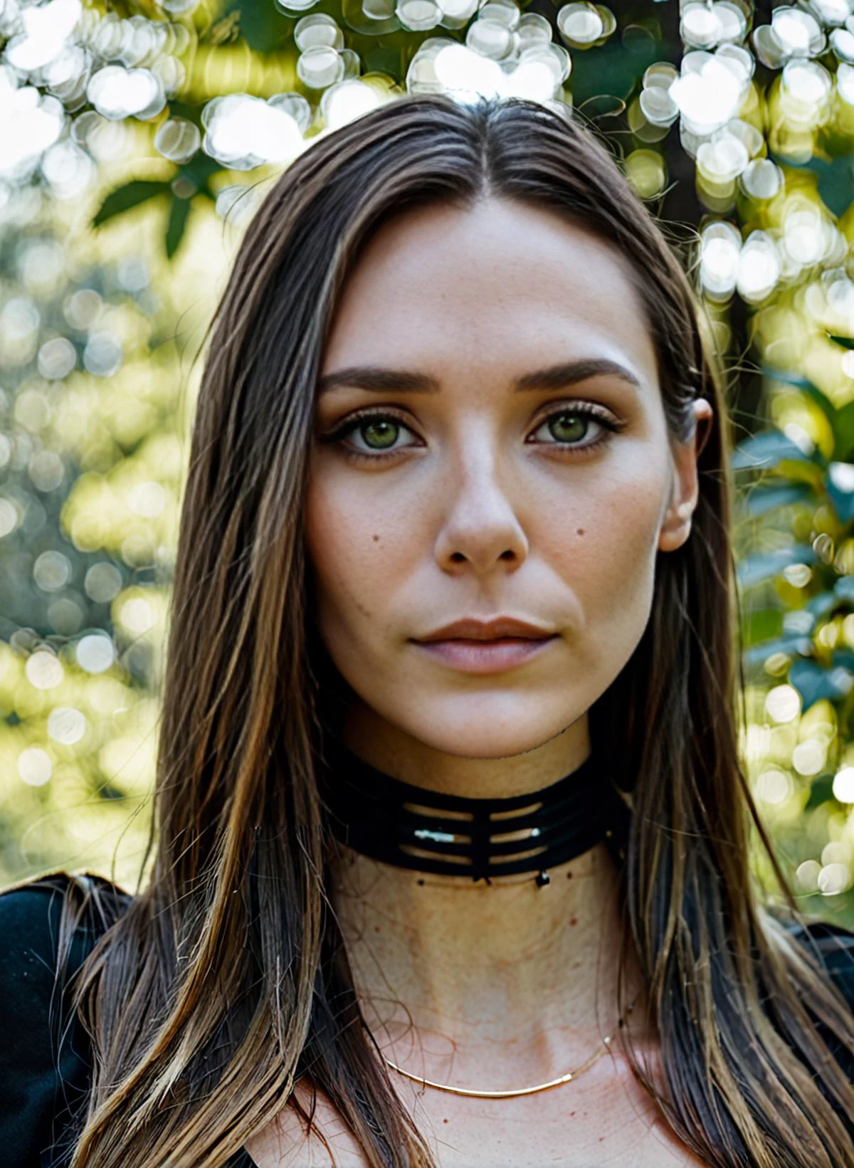 Skin texture, no makeup, Super high res closeup portrait photo of a woman outdoors with straight hair, wearing a choker around her neck,f /2.8, Canon, 85mm,cinematic, high quality,looking at the viewer, elixolsen, <lora:eliolsen_juggerX_v7_standard_wocap_merger_27_74_98_02_03_05-elixolsen:1>
