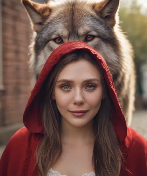 professional head and shoulders portrait,beautiful woman is little red riding hood,wearing red Headwear Cloak and Pants,walking along a brick road with a giant wolf with red eyes stalking her,eye_contact,evil smile,looking at viewer,detailed skin,perfect skin,perfect eyes,photorealistic,film grain,color graded cinematic,eye catchlights,atmospheric lighting,macro shot,skin pores,imperfections,natural,shallow dof,<lora:eliolsen_v4_xl_4_standard_wo_cap_merger_31_45_86_03_03_04:1>,