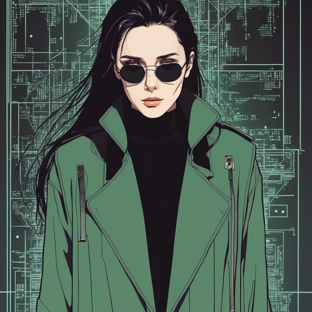 ((90s Anime style illustrattion)) drawing of a face of woman wearing a long matrix coat,2D, elixolsen, <lora:eliolsen_juggerX_v7_standard_wocap_merger_27_74_98_02_03_05-elixolsen:1>