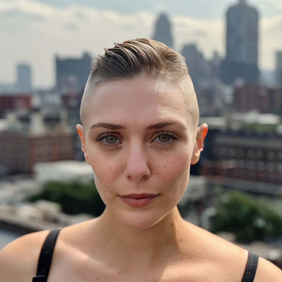 Buzzcut, no hair, bald, (Skin Texture, pores, natural,iPhone,RAW)), natural lighting, Highest Quality closeup Portrait photo of a woman wearing no makeup with a ((buzzcut)), Nikon Z9, realistic matte skin, blurry city in the background, 8K, elixolsen, <lora:eliolsen_juggerX_xl_8_standard_wocap_merger_lastmodel_120_04_06-elixolsen:1>
