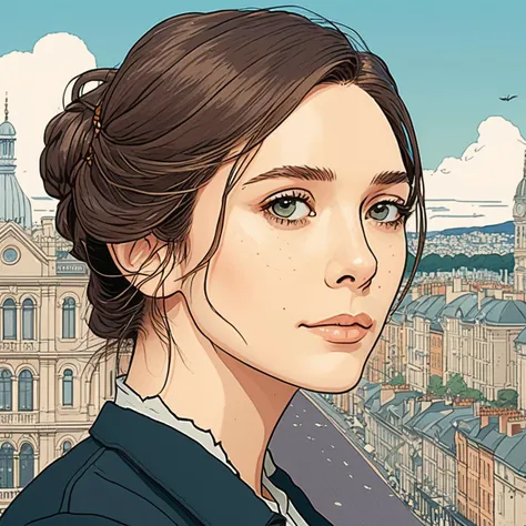 Studio ghibli style illustration of the face of a woman looking at the viewer with a victorian city square in the background, elixolsen,  <lora:eliolsen_juggerX_xl_8_standard_wocap_merger_lastmodel_120_04_06-elixolsen:1>