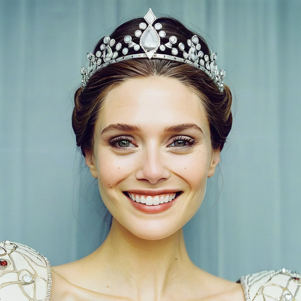 (Skin texture),High quality,Closeup face portrait photo, analog, film grain, actress dressed as a medieval queen with a delicate diamond tiara,regal, bright smile, elixolsen, <lora:eliolsen_juggerX_xl_8_standard_wocap_merger_lastmodel_120_04_06-elixolsen:1>