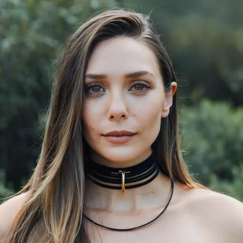 Skin texture, no makeup, Super high res closeup portrait photo of a stunning woman outdoors with straight hair, wearing a small string choker around her neck,f /2.8, Canon, 85mm,cinematic, high quality,looking at the viewer, elixolsen,  <lora:eliolsen_juggerX_xl_8_standard_wocap_merger_lastmodel_120_04_06-elixolsen:1>