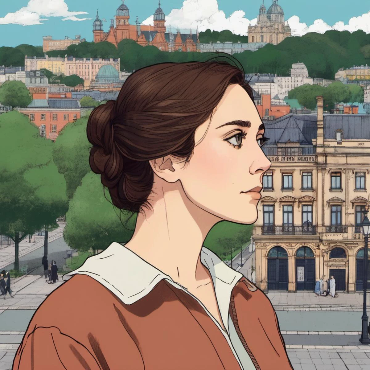 Studio ghibli style illustration of the face of a woman looking at the viewer with a victorian city square in the background, elixolsen, <lora:eliolsen_juggerX_xl_8_standard_wocap_merger_lastmodel_120_04_06-elixolsen:1>