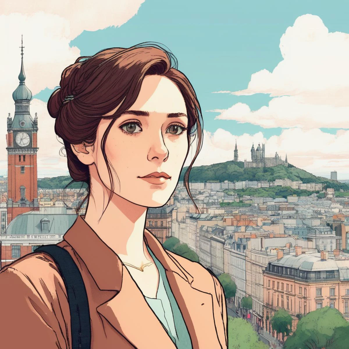 Studio ghibli style illustration of the face of a woman looking at the viewer with a victorian city square in the background, elixolsen, <lora:eliolsen_juggerX_xl_8_standard_wocap_merger_lastmodel_120_04_06-elixolsen:1>