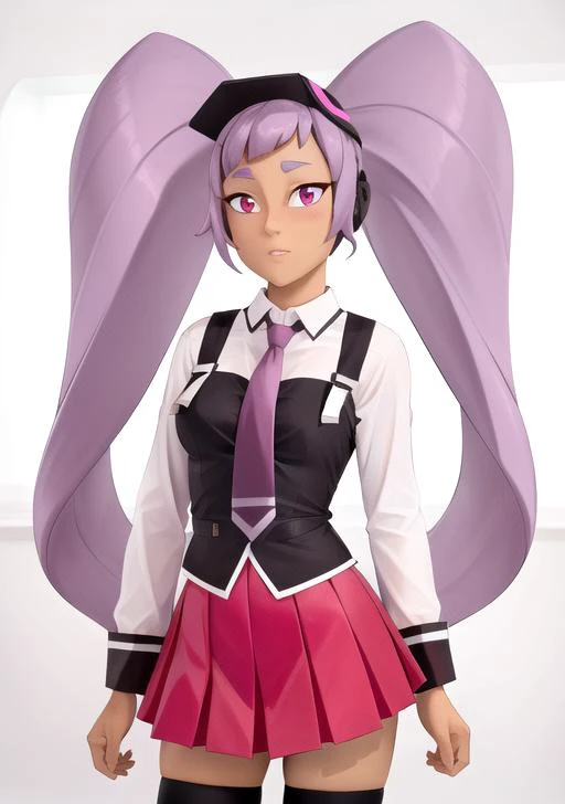 highres, (masterpiece, best quality:1.2), simple background, 1girl, solo, medium breasts, lips, looking at viewer, <lora:Entrapta:0.9>, entrapta, dark skin, dark-skinned female, long hair, twintails, single sidelock, purple eyes, purple hair, <lora:bible_black_uniform_v5:0.8>, black thighhighs, black vest, clothing_bibleblack_schooldress_ownwaifu, collared shirt, long sleeves, necktie, miniskirt, pleated skirt, red skirt, school uniform, skirt, suspenders, white shirt, <lora:popupparade:0.6>