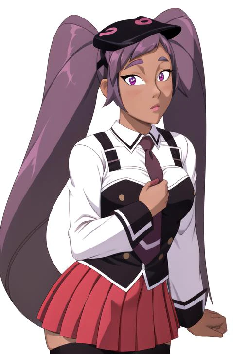 highres, (masterpiece, best quality:1.2), simple background, 1girl, solo, medium breasts, lips, looking at viewer, <lora:Entrapta:0.9>, entrapta, dark skin, dark-skinned female, long hair, twintails, single sidelock, purple eyes, purple hair, <lora:bible_black_uniform_v5:0.8>, black thighhighs, black vest, clothing_bibleblack_schooldress_ownwaifu, collared shirt, long sleeves, necktie, miniskirt, pleated skirt, red skirt, school uniform, skirt, suspenders, white shirt, <lora:bb-style:0.4>