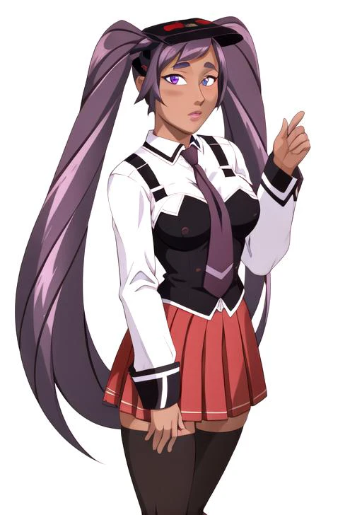 highres, (masterpiece, best quality:1.2), simple background, 1girl, solo, medium breasts, lips, looking at viewer, <lora:Entrapta:0.9>, entrapta, dark skin, dark-skinned female, long hair, twintails, single sidelock, purple eyes, purple hair, <lora:bible_black_uniform_v5:0.8>, black thighhighs, black vest, clothing_bibleblack_schooldress_ownwaifu, collared shirt, long sleeves, necktie, miniskirt, pleated skirt, red skirt, school uniform, skirt, suspenders, white shirt, <lora:bb-style:0.4>