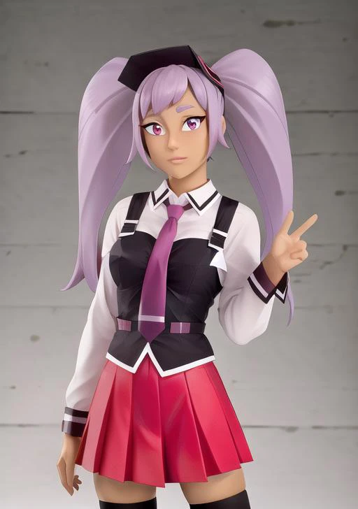 highres, (masterpiece, best quality:1.2), simple background, 1girl, solo, medium breasts, lips, looking at viewer, <lora:Entrapta:0.9>, entrapta, dark skin, dark-skinned female, long hair, twintails, single sidelock, purple eyes, purple hair, <lora:bible_black_uniform_v5:0.8>, black thighhighs, black vest, clothing_bibleblack_schooldress_ownwaifu, collared shirt, long sleeves, necktie, miniskirt, pleated skirt, red skirt, school uniform, skirt, suspenders, white shirt, <lora:popupparade:0.8>,